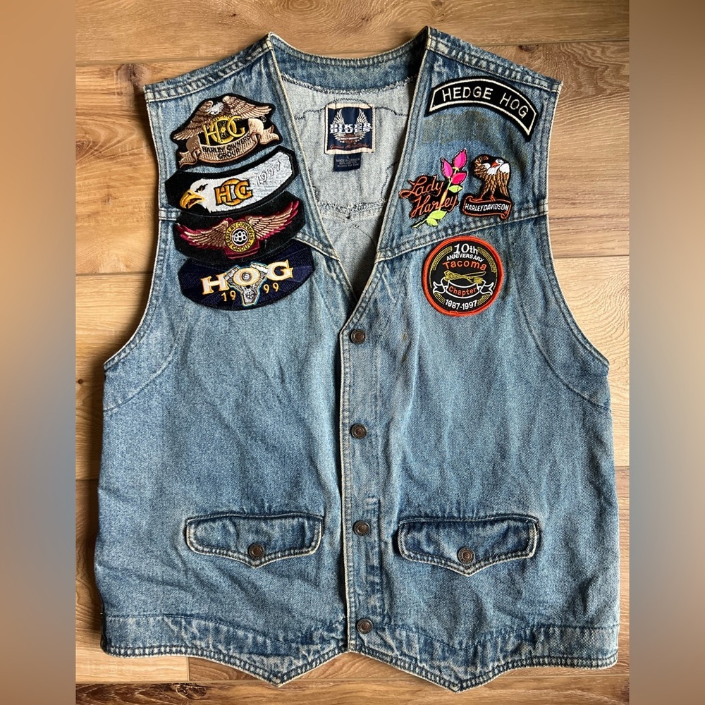 VTG Harley-Davidson Ladies of Harley 1990s Denim Vest Blue Jean Patchwork Large - Picture 2 of 15